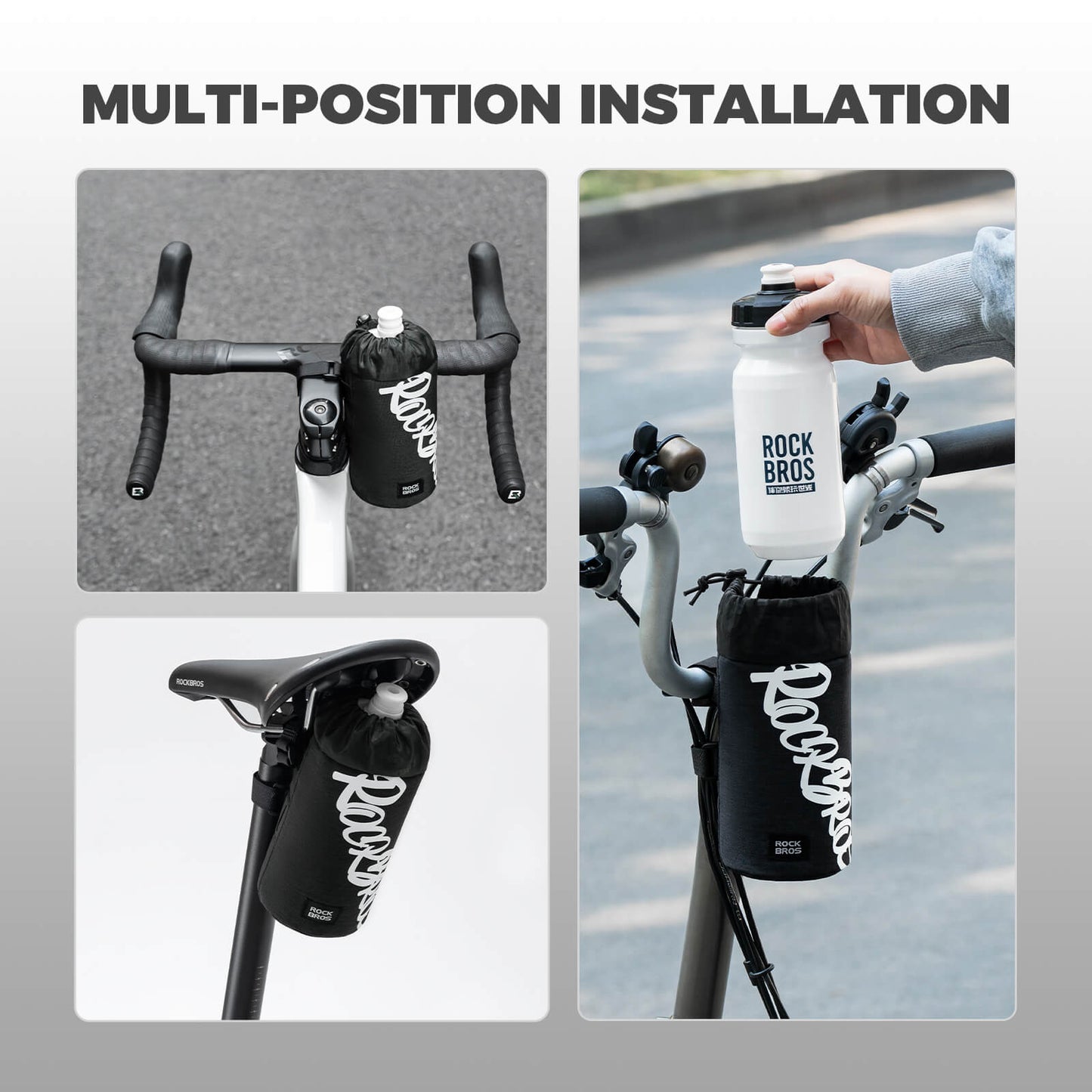 ROCKBROS 1L handlebar bag with integrated bottle holder, ideal for cycling hydration and storage.