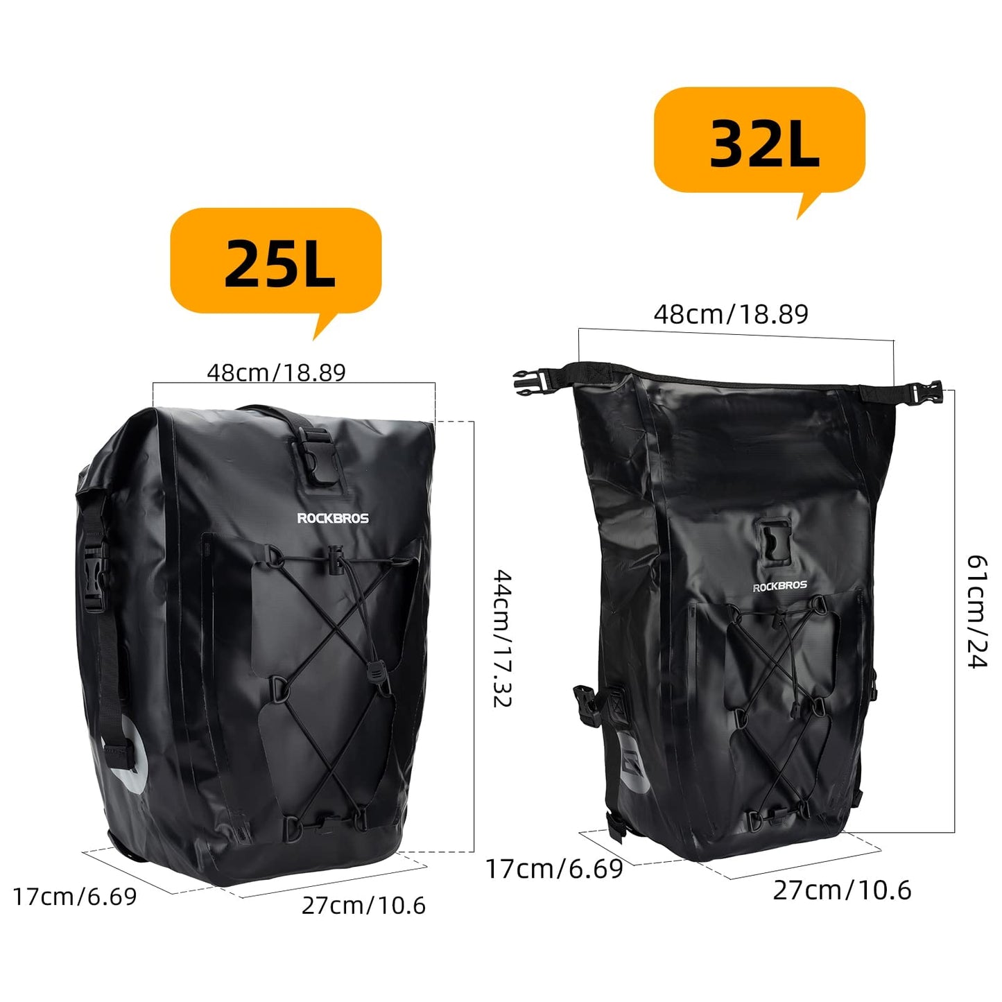 ROCKBROS Bike Pannier Bag 25L 32L 100% Waterproof Rear Rack Bike #Style_Blue-2pcs