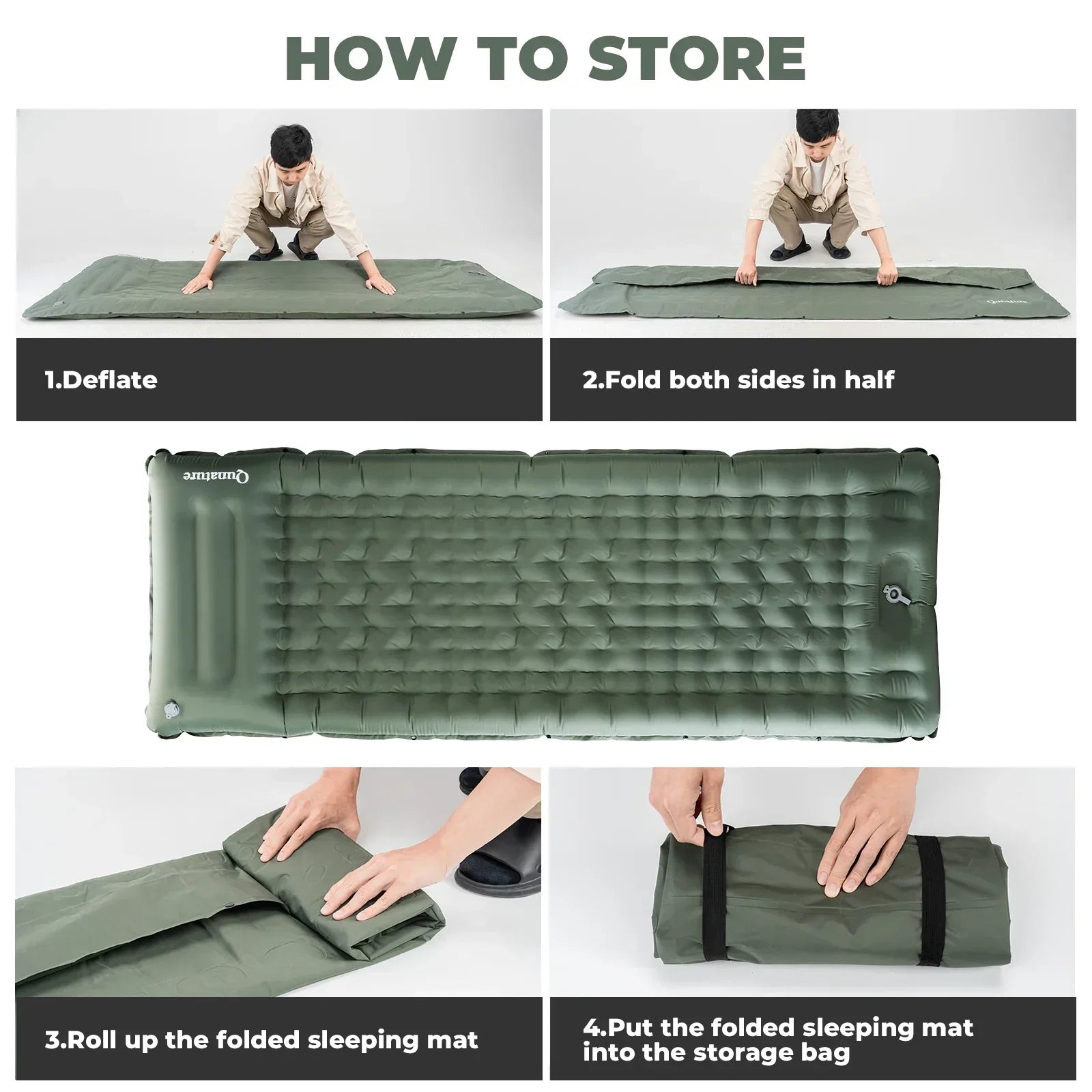 A lightweight inflatable blue camping sleeping pad with built-in pillow#Color_green