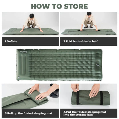 A lightweight inflatable blue camping sleeping pad with built-in pillow#Color_green
