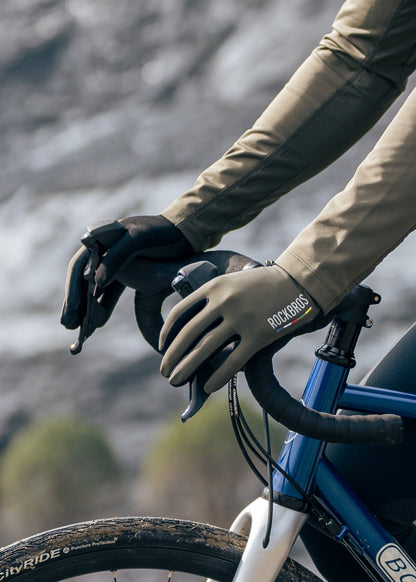 ROCKBROS Road-to-Sky Fine Sheepskin Full Finger Gloves #Color_Dark Green