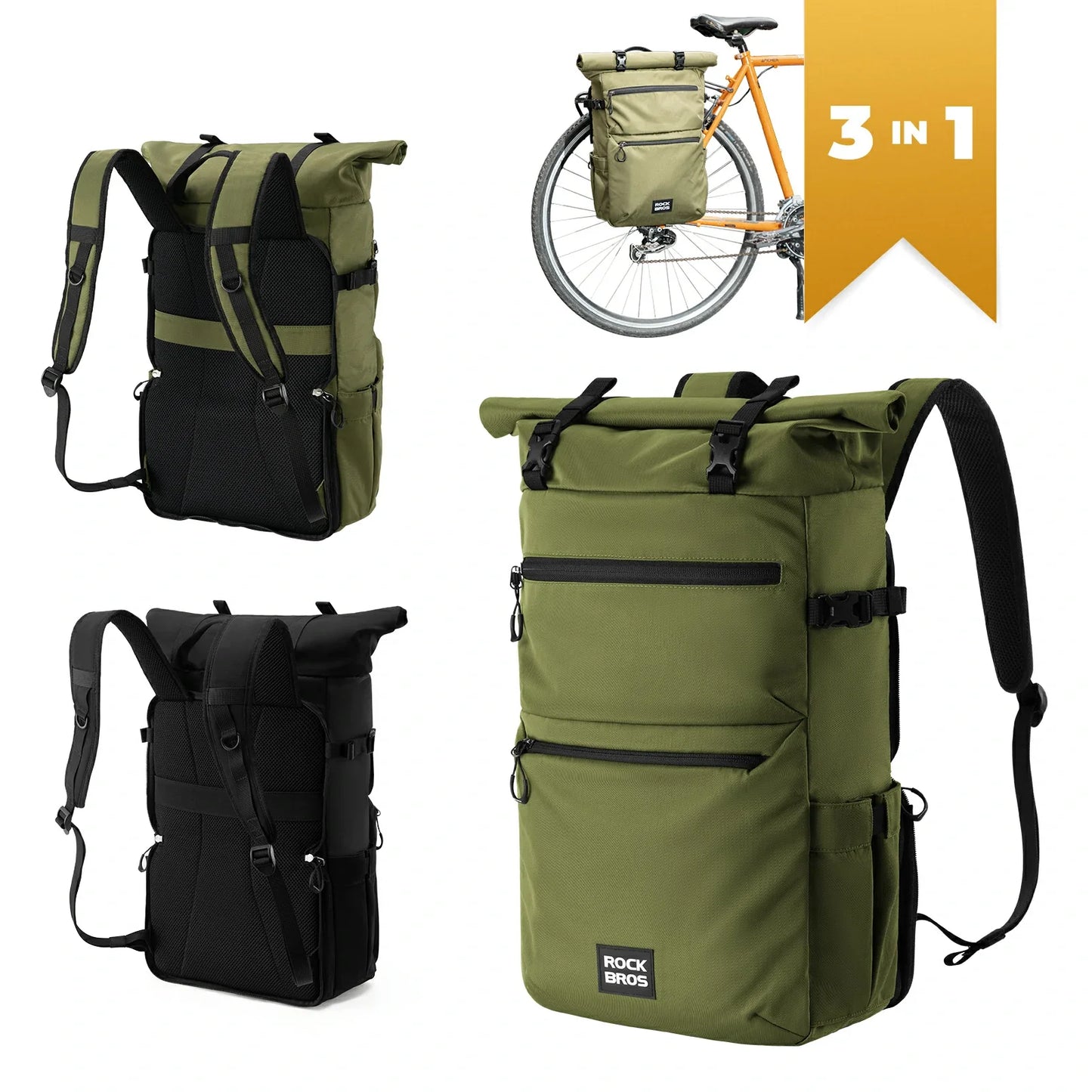 ROCKBROS 3 in 1 bike pannier bag rack shoulder bag 11-16L
#Color_Green