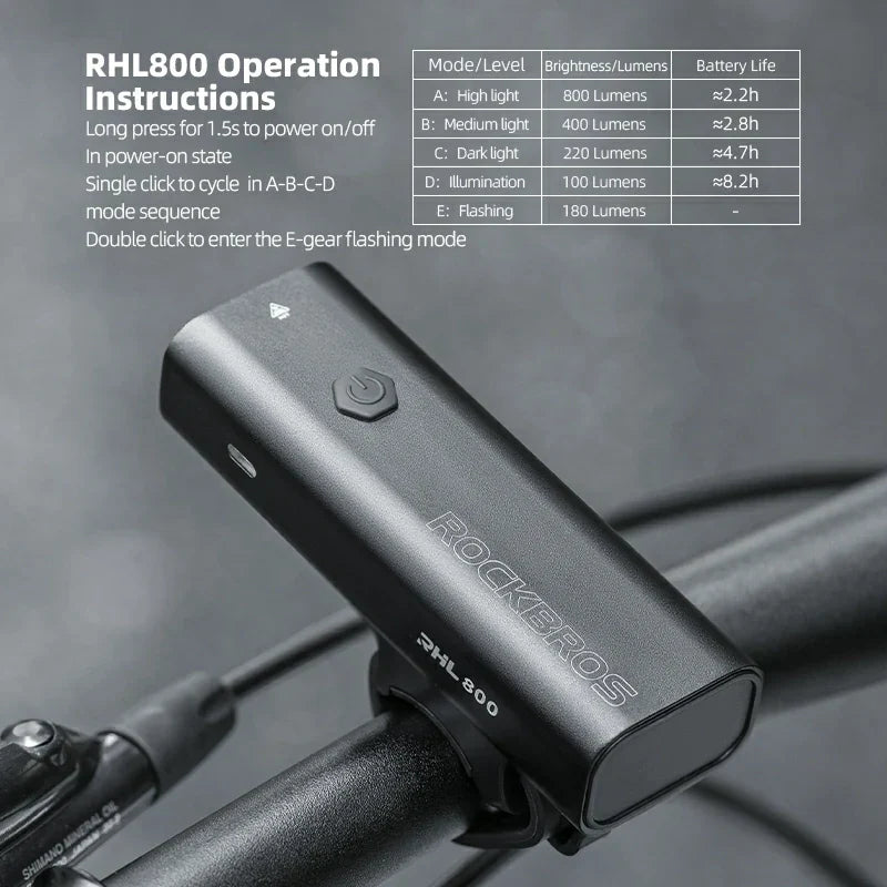 ROCKBROS Bike Light 800 Lumens USB Rechargeable Bike Headlight Super Bright #Type_RHL800