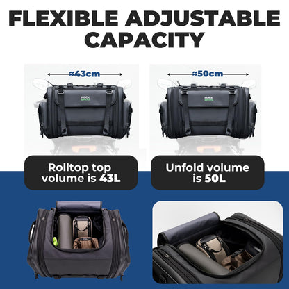 ROCKBROS 43-50L Motorcycle Saddle Bag Waterproof Tail Bag with Rain Cover