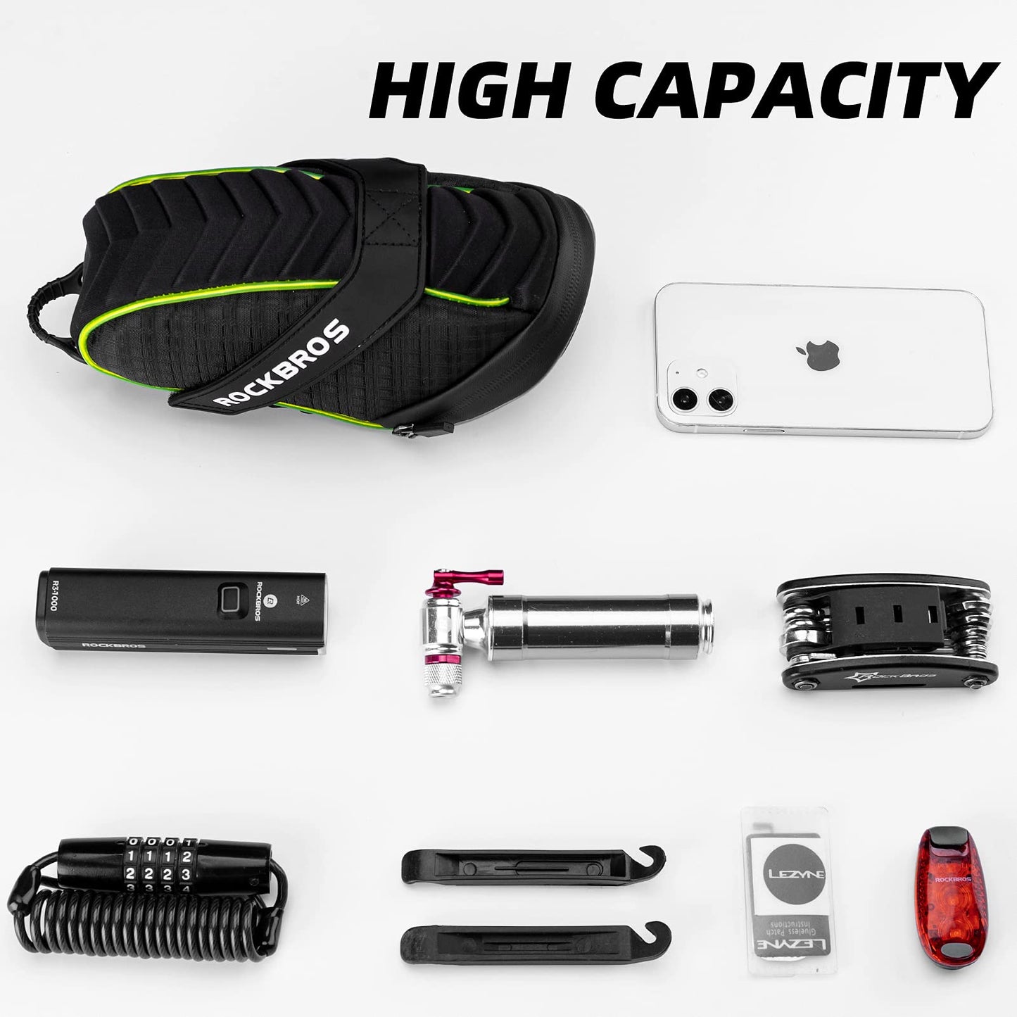 ROCKBROS Bicycle Saddle Bag Under Seat 3D Shell Cycling Seat Pack #Size_Green Black+tool