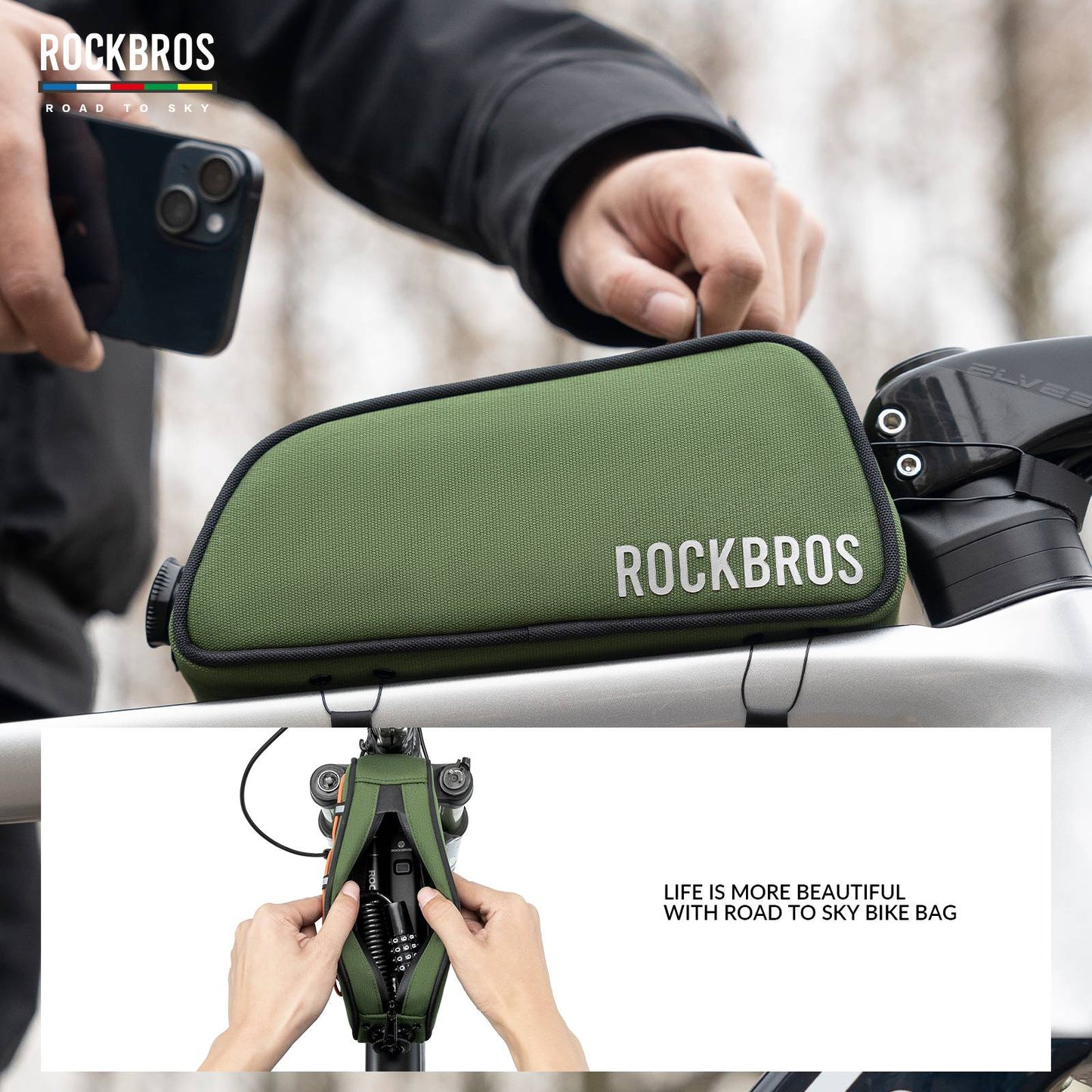 ROCKBROS Bicycle Top Tube Bag Frame Bag 0.7L Reflective Bicycle Bag #Color_Army Green