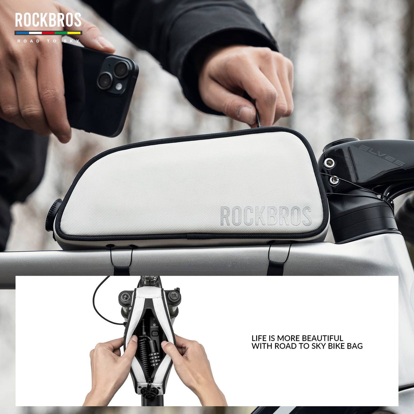 ROCKBROS Bicycle Top Tube Bag Frame Bag 0.7L Reflective Bicycle Bag #Color_White