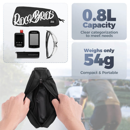 ROCKBROS 0.8L bike frame bag G009 waterproof top tube bag with large storage and easy-access design for cycling essentials.