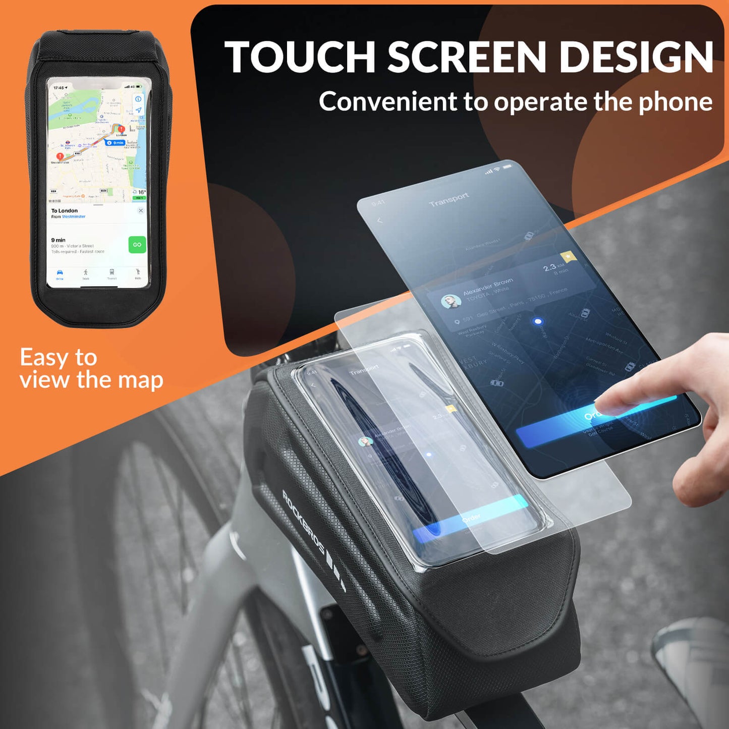 ROCKBROS Bike Frame Bag 1.7L – Smart Storage + Phone Access On The Go!​ #Color_Black