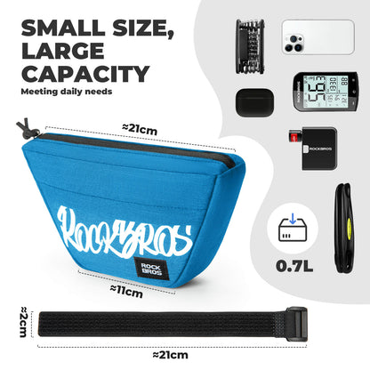ROCKBROS trapezoid-shaped bike handlebar bags with waterproof design and spacious storage for cycling essentials. 