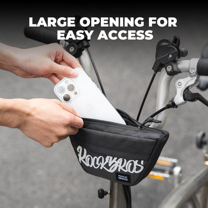 ROCKBROS trapezoid-shaped bike handlebar bags with waterproof design and spacious storage for cycling essentials. 