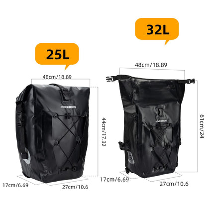 ROCKBROS Bike Pannier Bag 25L 32L 100% Waterproof Rear Rack Bike Bag Black #Style_Black-2pcs