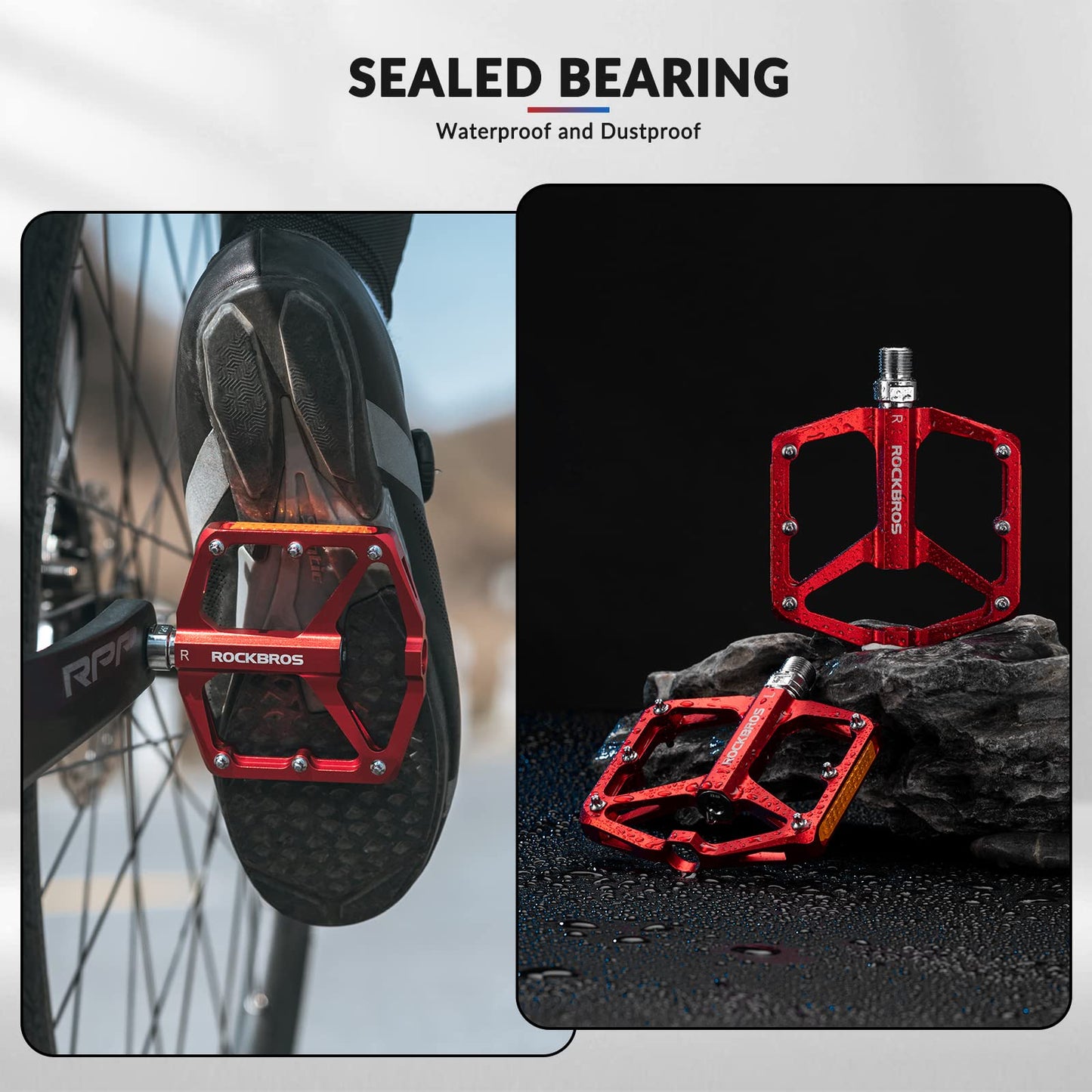 ROCKBROS Bike Pedals Aluminum Alloy Light Flat Pedals with Reflectors #Color_Red