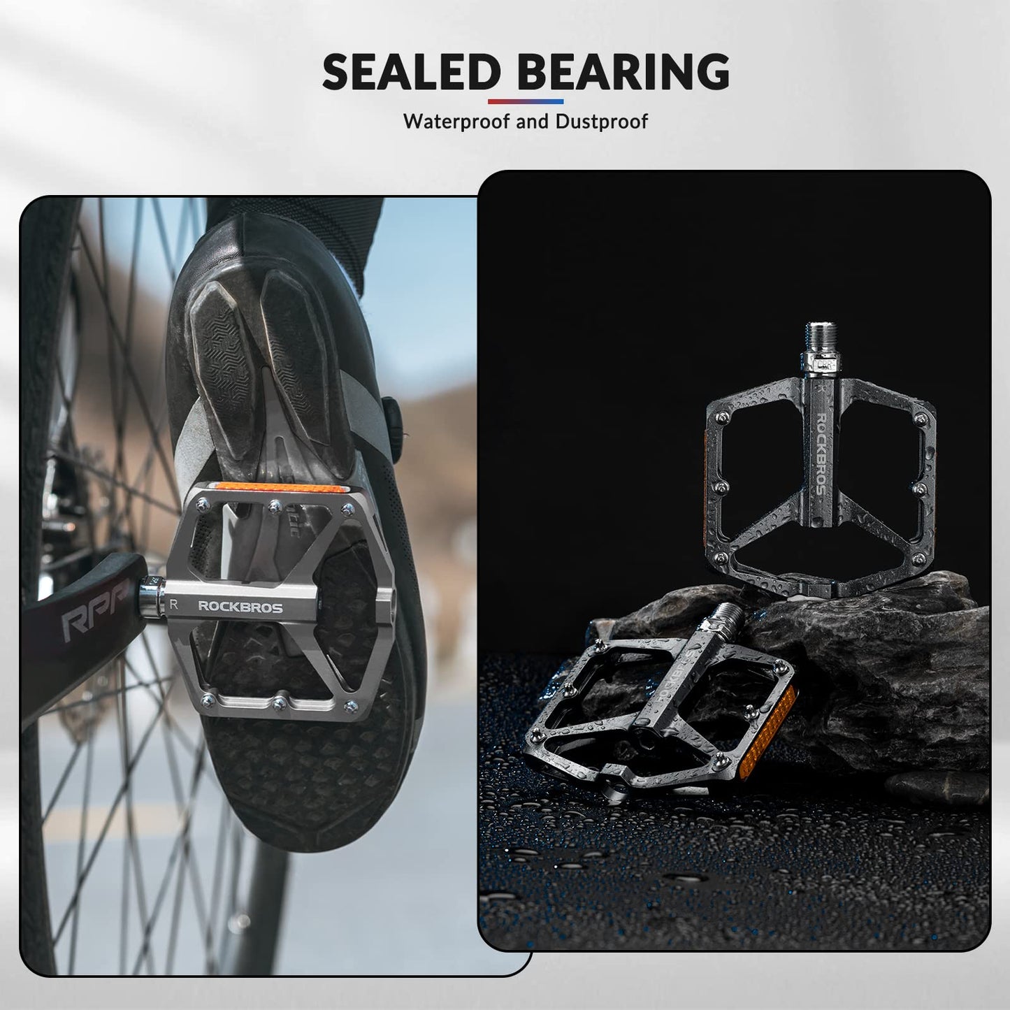 ROCKBROS Bike Pedals Aluminum Alloy Light Flat Pedals with Reflectors #Color_Titanium