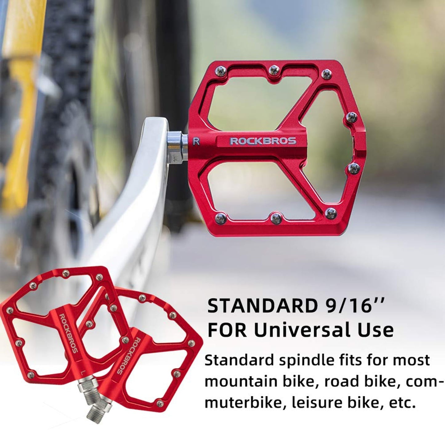 ROCKBROS Bike Pedals Ultra Lightweight Flat  Pedals 9/16 Inch (Pair) #Color_Red