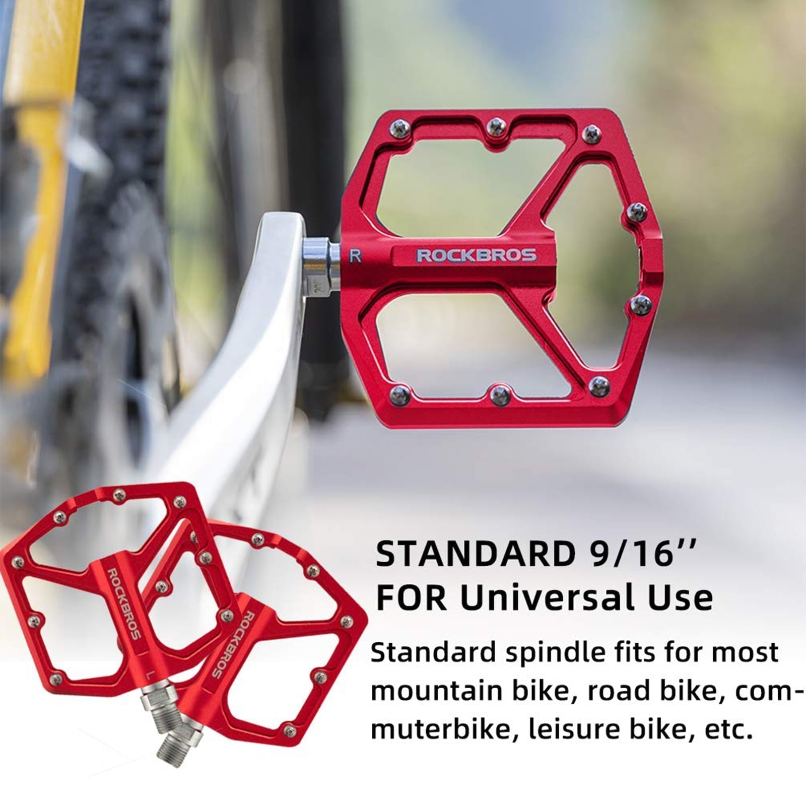 ROCKBROS Bike Pedals Ultra Lightweight Flat  Pedals 9/16 Inch (Pair) #Color_Red