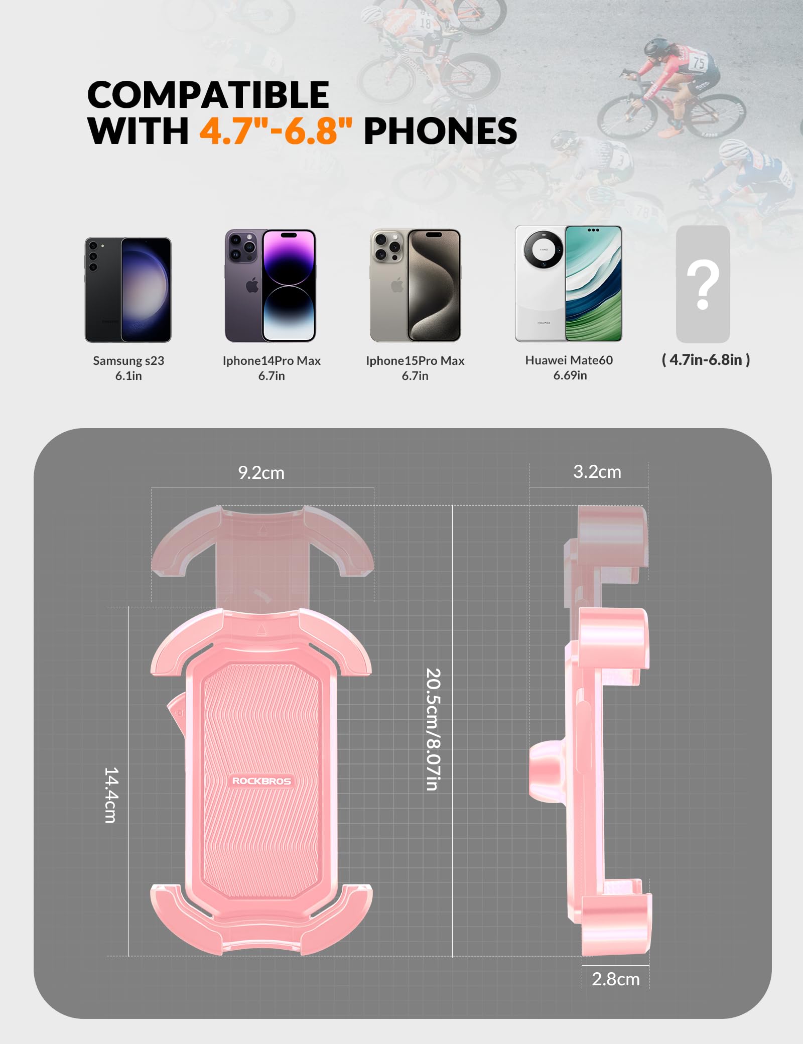 ROCKBROS Bike Phone Mount 360°Rotatable Phone Mount for Bicycle Motorcycle #Style_Pink (rear view mirror)