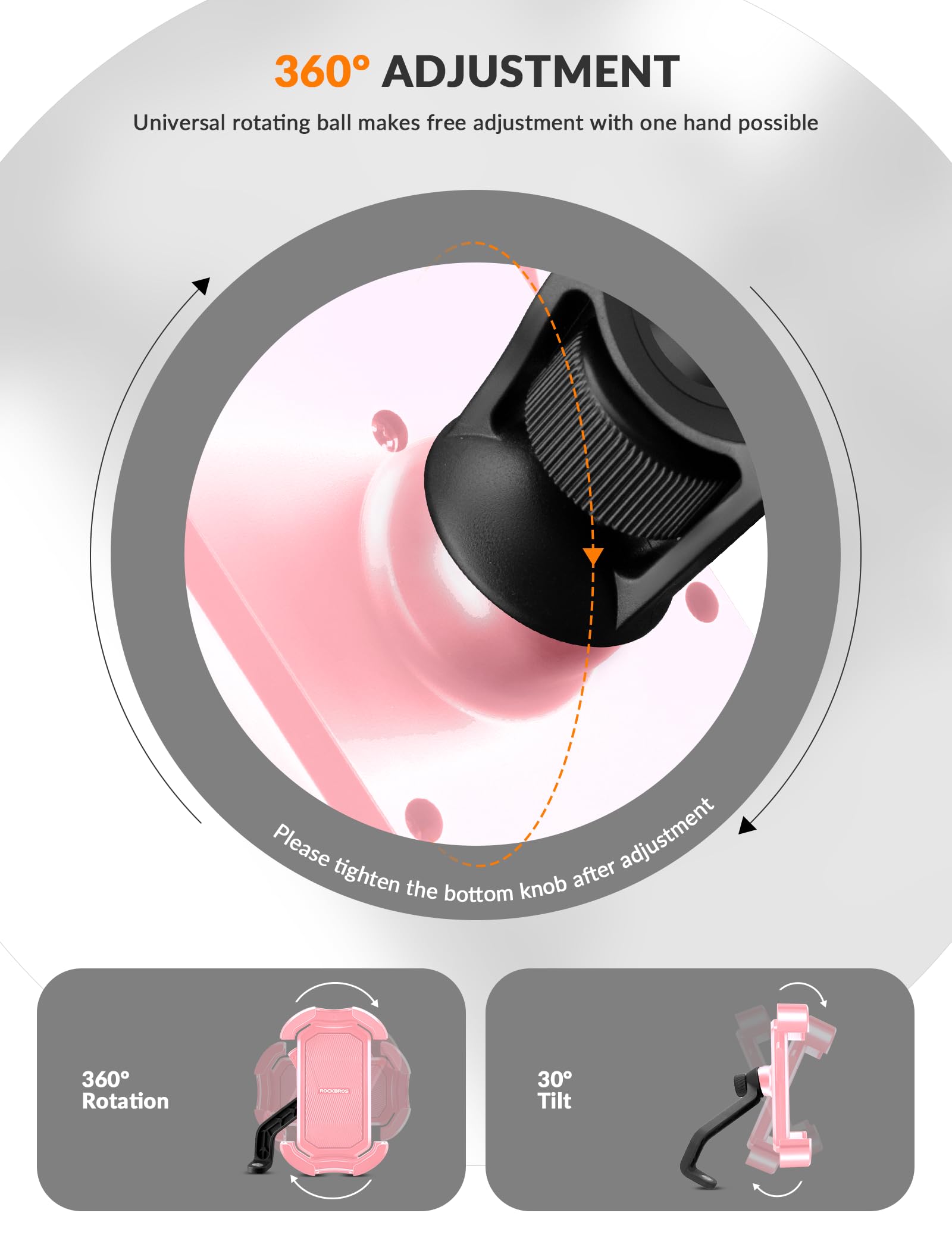ROCKBROS Bike Phone Mount 360°Rotatable Phone Mount for Bicycle Motorcycle #Style_Pink (rear view mirror)