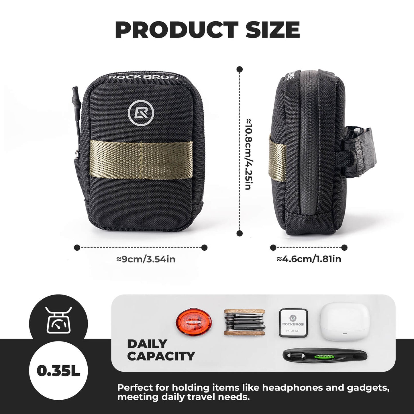 ROCKBROS portable bike saddle bag 0.35L, compact and lightweight under-seat cycling pouch. #Color_Black
