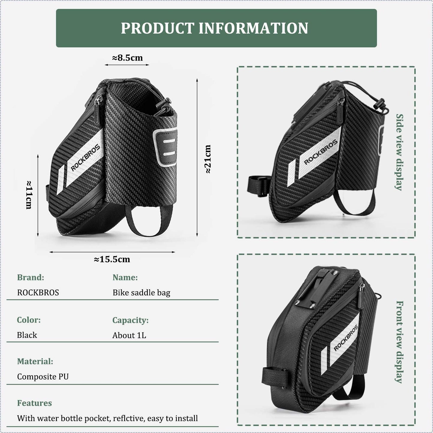 ROCKBROS Bike Saddle Bag Waterproof with Water Bottle Pocket Quick Release