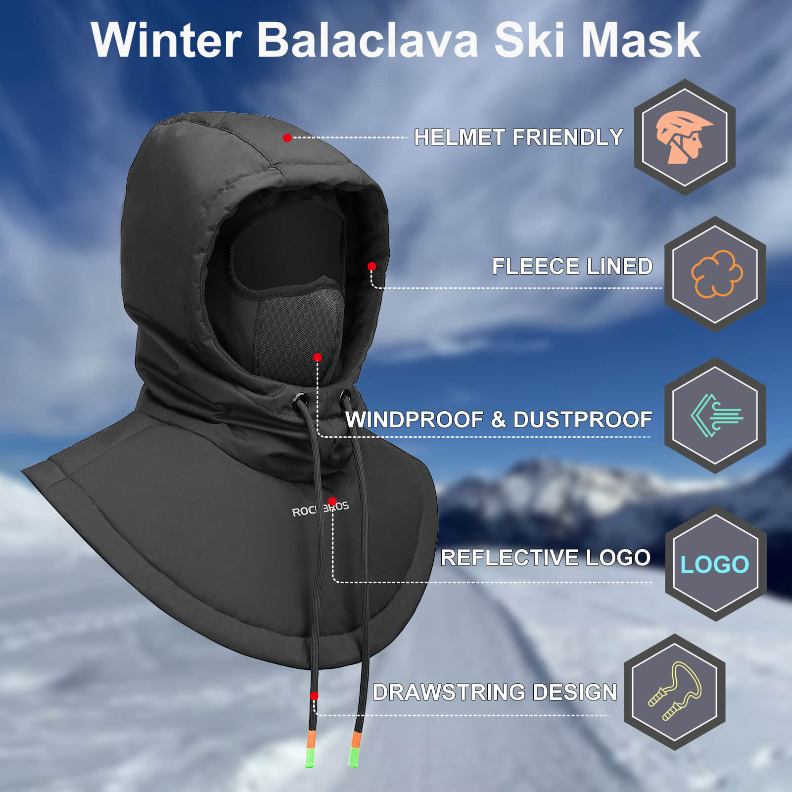 ROCKBROS Cycling Balaclava Windproof Warm Breathable for Men and Women #Style_Black01