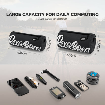 ROCKBROS cylindrical bike handlebar bag, waterproof, durable, versatile storage bag for cycling adventures. 