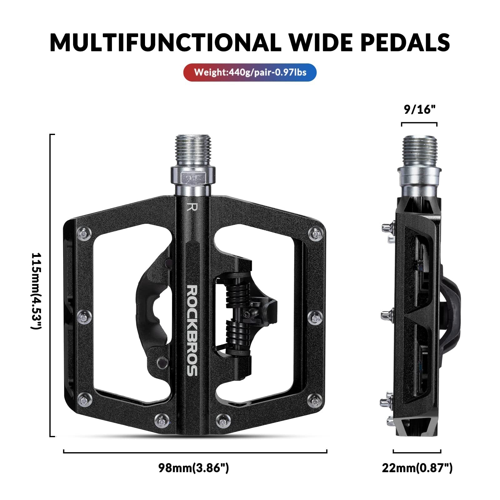ROCKBROS Dual Functionality Bike Pedals Clipless Flat Bike Pedals (Pair) #Color_Black