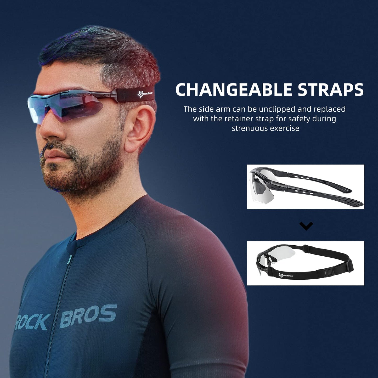 ROCKBROS Photochromic Outdoor Sport Sunglasses With Changeable Straps #Color_Black