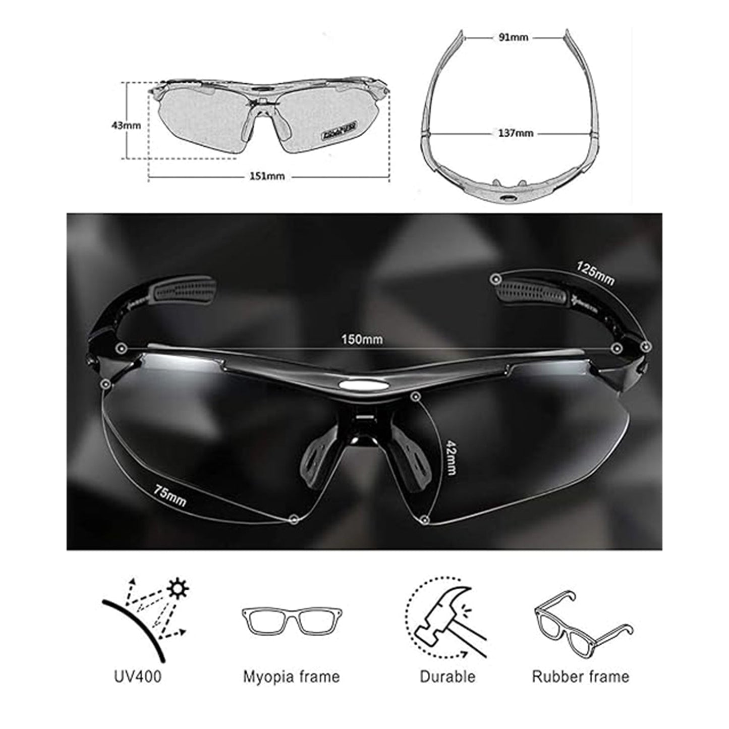 ROCKBROS Polarized Cycling Sunglasses with 5 Interchangeable Lenses ALT #color_Black Grey