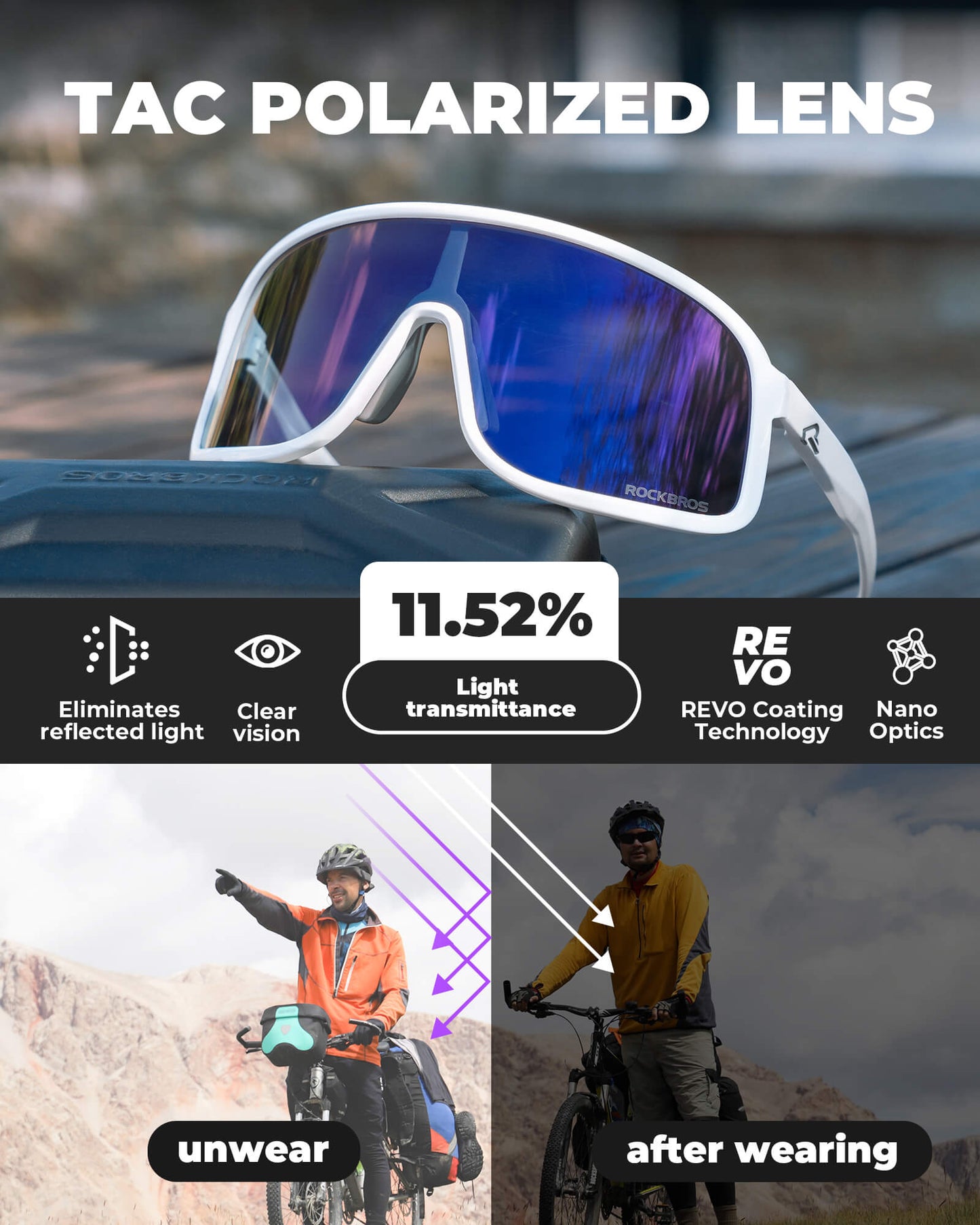 ROCKBROS polarized sunglasses, TR90 frame, UV400 protection, unisex cycling glasses, SP350 model in bright white. #Color_Bright White