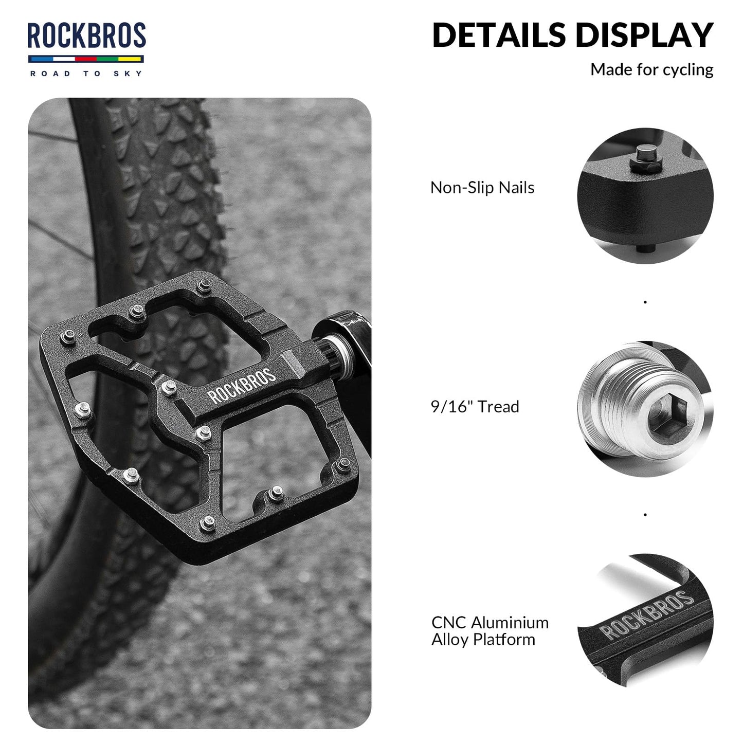 ROCKBROS Road-to-Sky Bicycle Pedals 9/16 Inch Aluminum Alloy Non-Slip