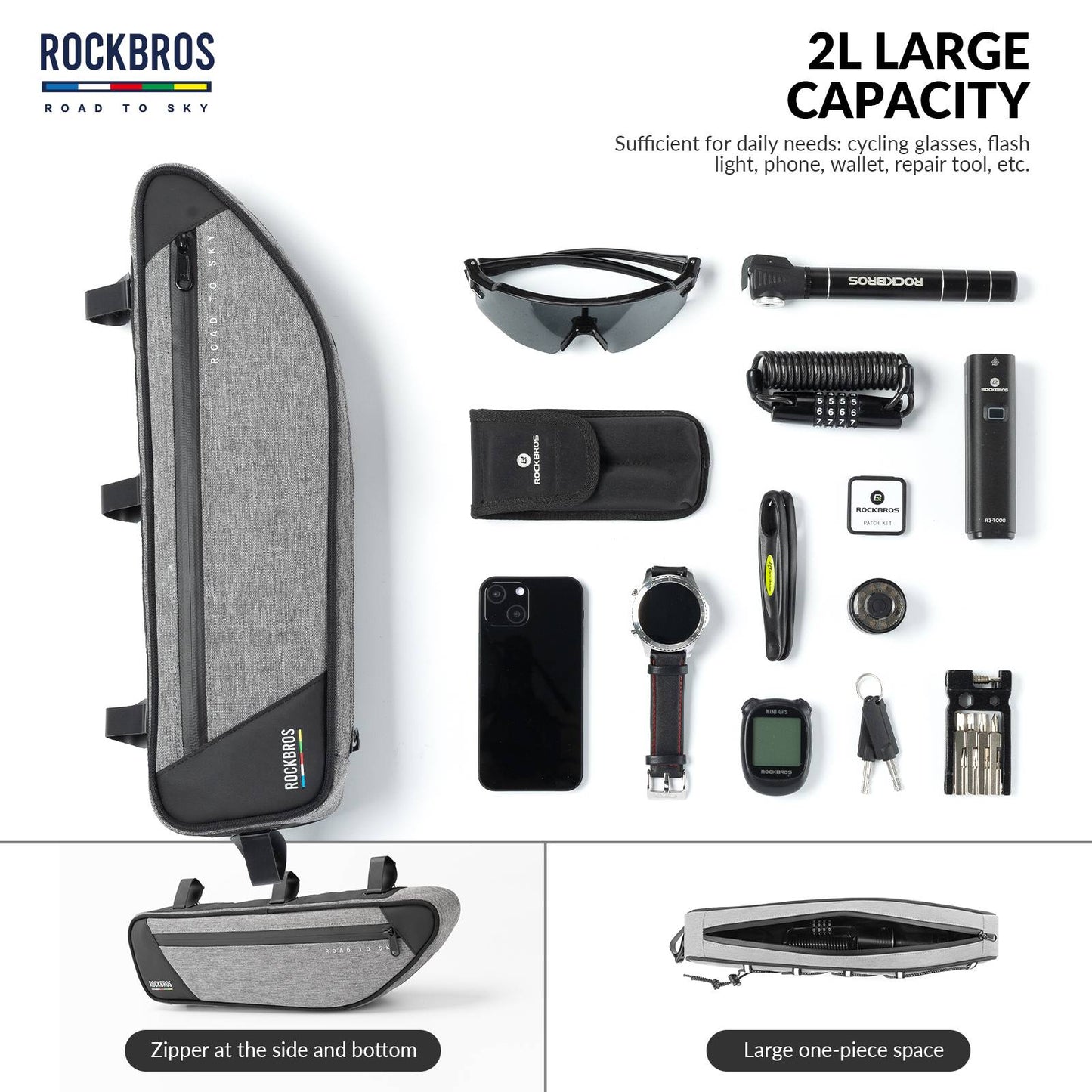 ROCKBROS Road-to-Sky Bike Frame Bag Reflective Waterproof Triangular Bag #Color_Linen Gray