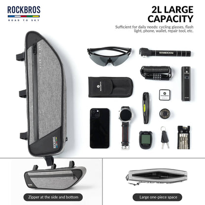 ROCKBROS Road-to-Sky Bike Frame Bag Reflective Waterproof Triangular Bag #Color_Linen Gray