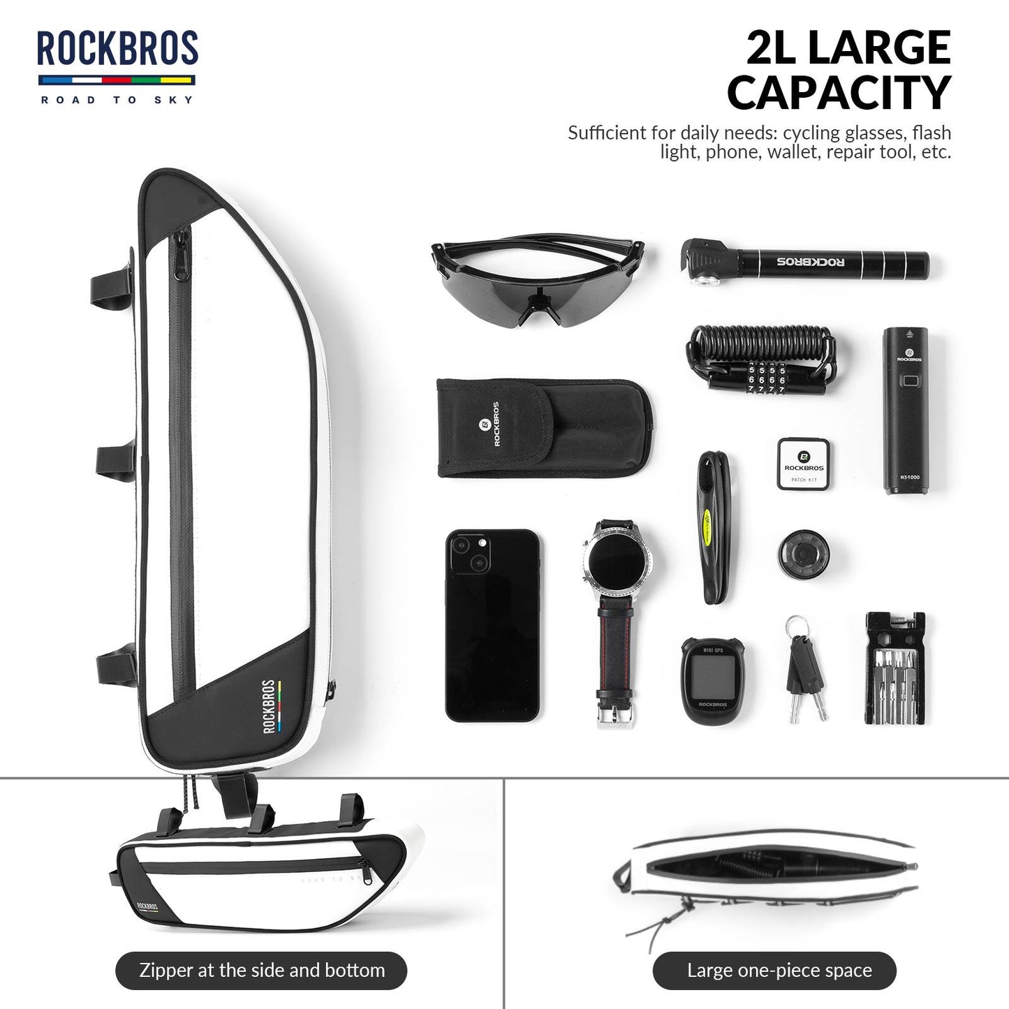 ROCKBROS Road-to-Sky Bike Frame Bag Reflective Waterproof Triangular Bag  #Color_White