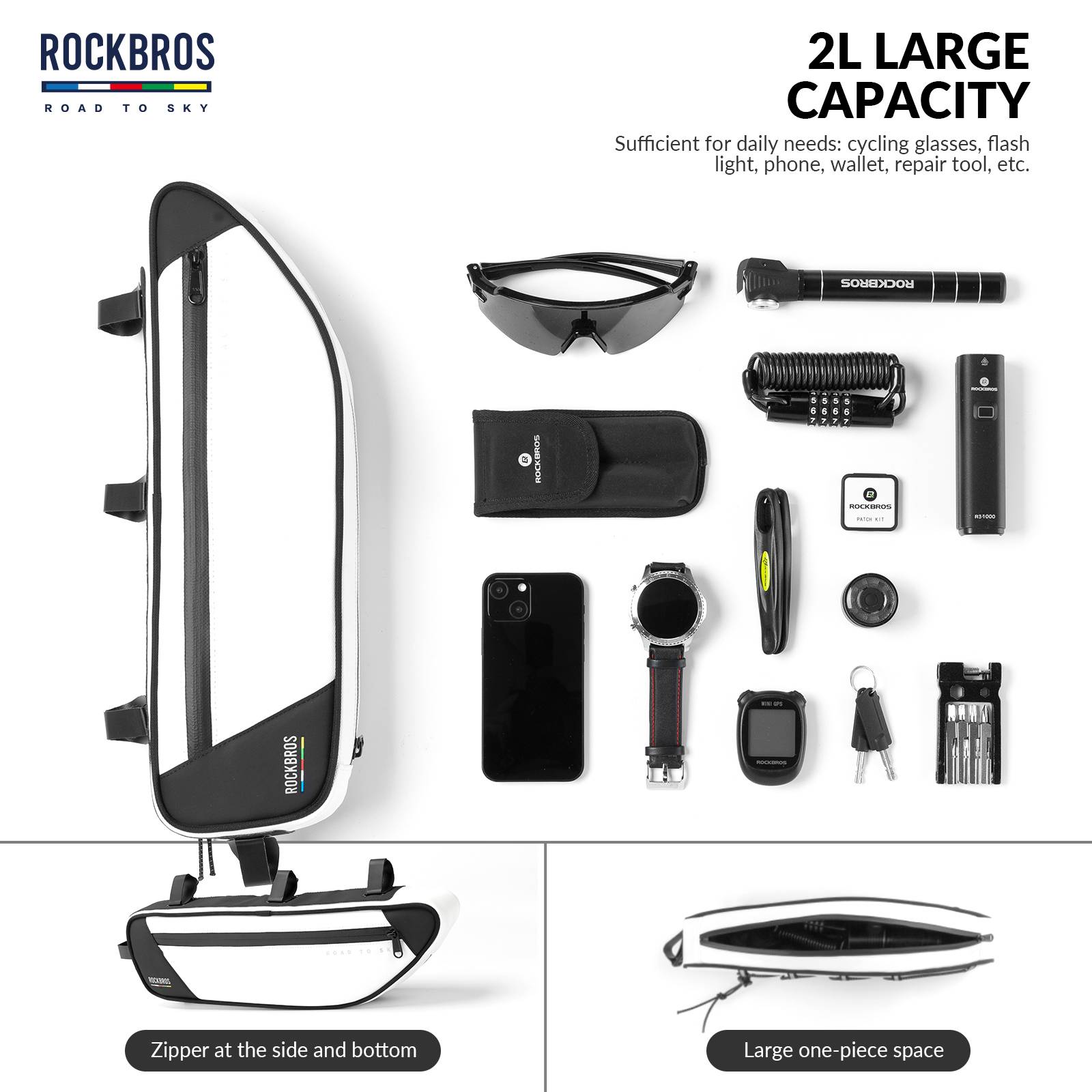 ROCKBROS Road-to-Sky Bike Frame Bag Reflective Waterproof Triangular Bag  #Color_White