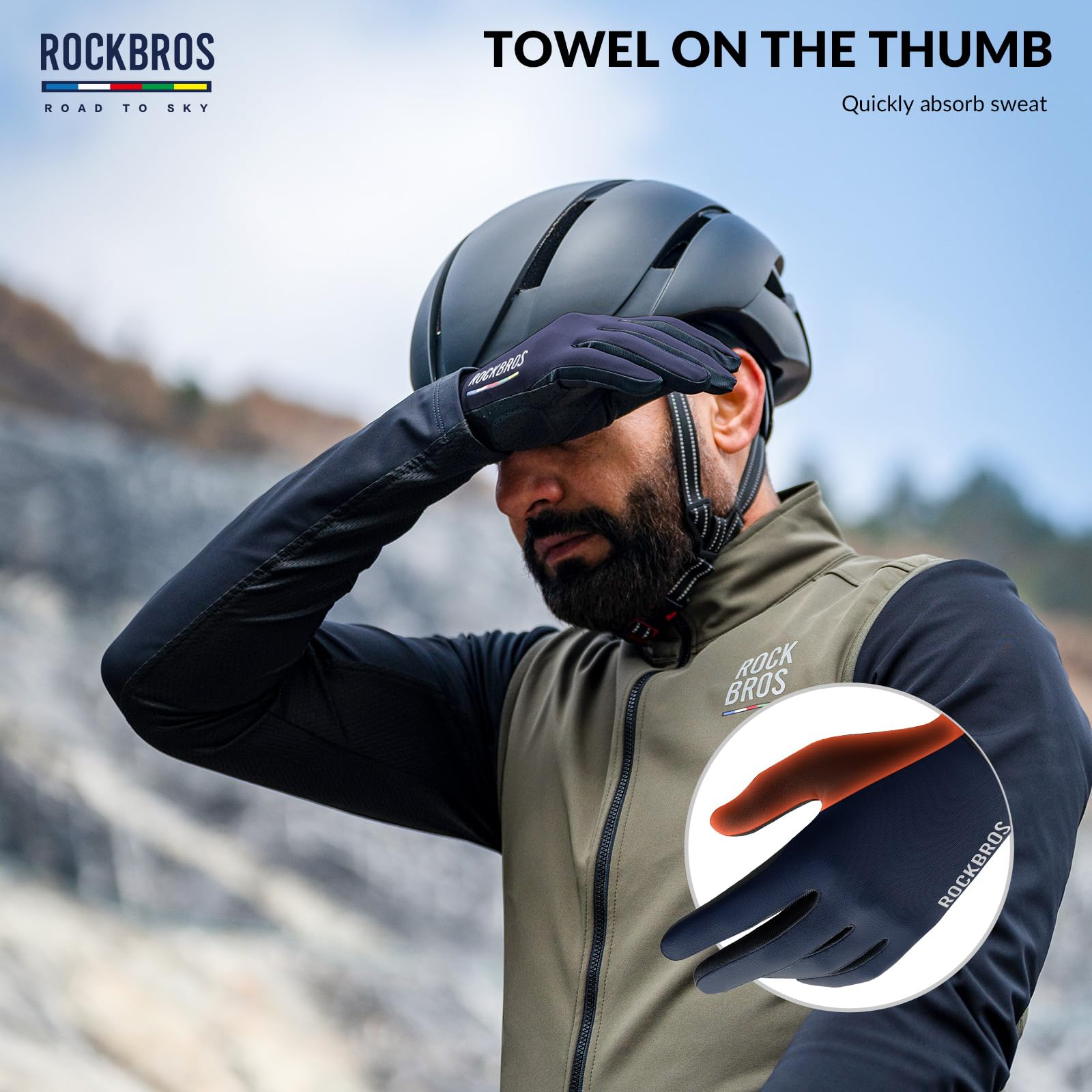 ROCKBROS Road-to-Sky Spring Summer Cycling Gloves Full Finger Touch Screen #Color_Navy Blue