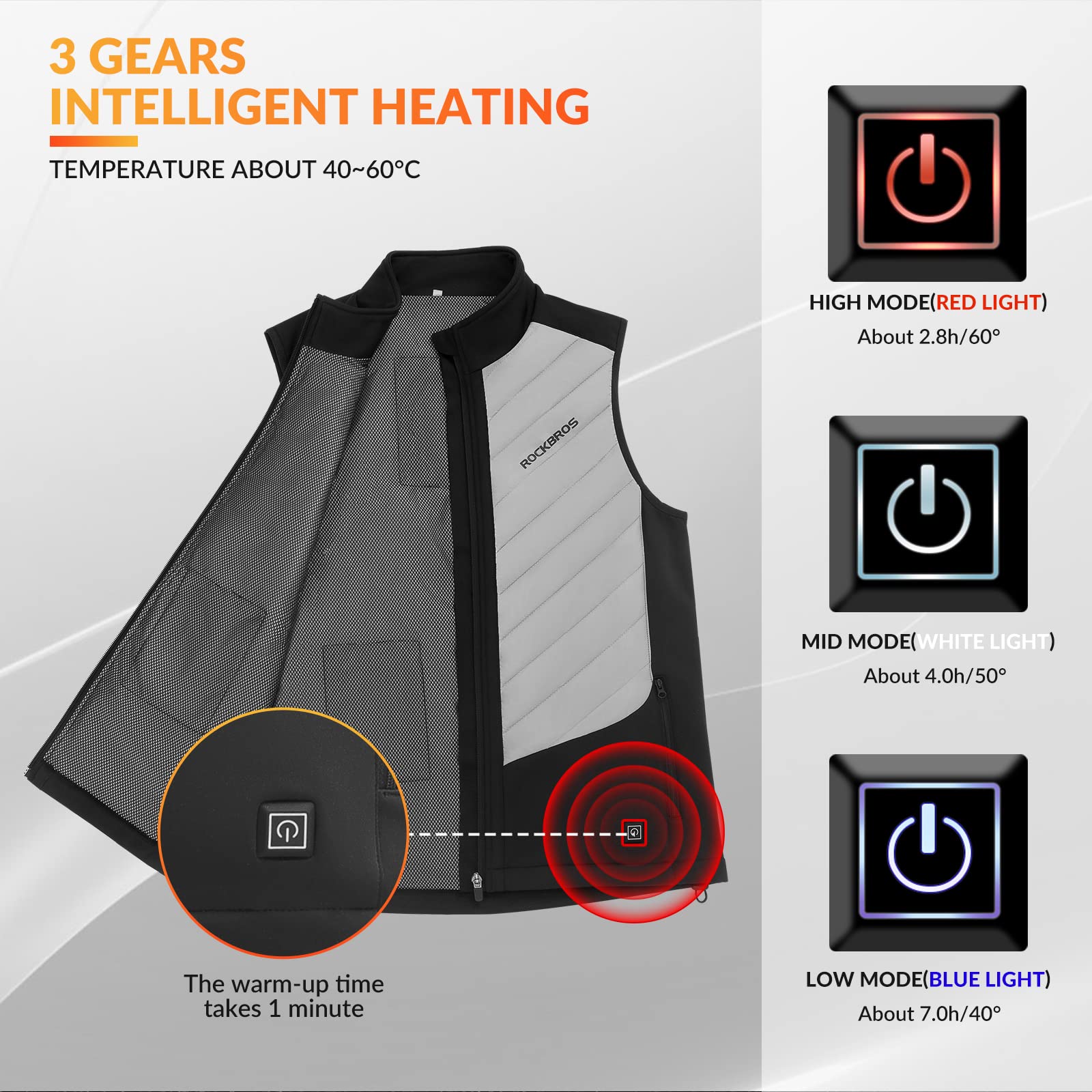 ROCKBROS USB Electric Heated Vest 3-Temperature Levels Washable Winter Vest - ROCKBROS-UK