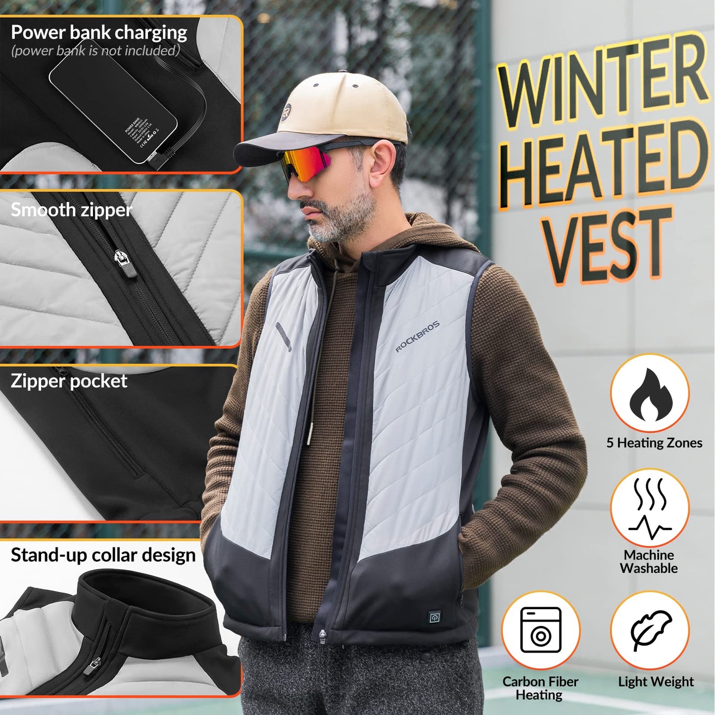 ROCKBROS USB Electric Heated Vest 3-Temperature Levels Washable Winter Vest - ROCKBROS-UK