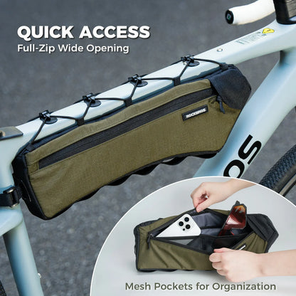 Bicycle frame bag with quick access full-zip wide opening and mesh pockets for organization.