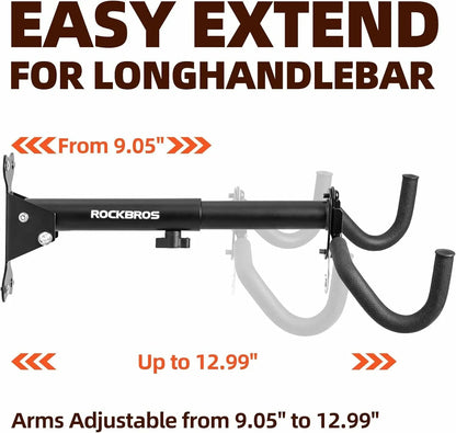 Foldable wall-mounted bike rack with double protective hooks and a 15kg load capacity, designed to save space and prevent frame scratches.
