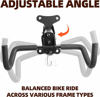 Foldable wall-mounted bike rack with double protective hooks and a 15kg load capacity, designed to save space and prevent frame scratches.
