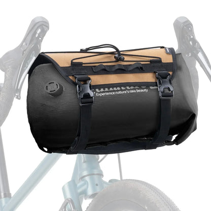 Black and beige bike bag attached to a bicycle on a white background