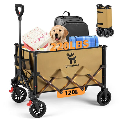 A Khaki waterproof Oxford fabric camping utility wagon that can hold 220 LBS of supplies.