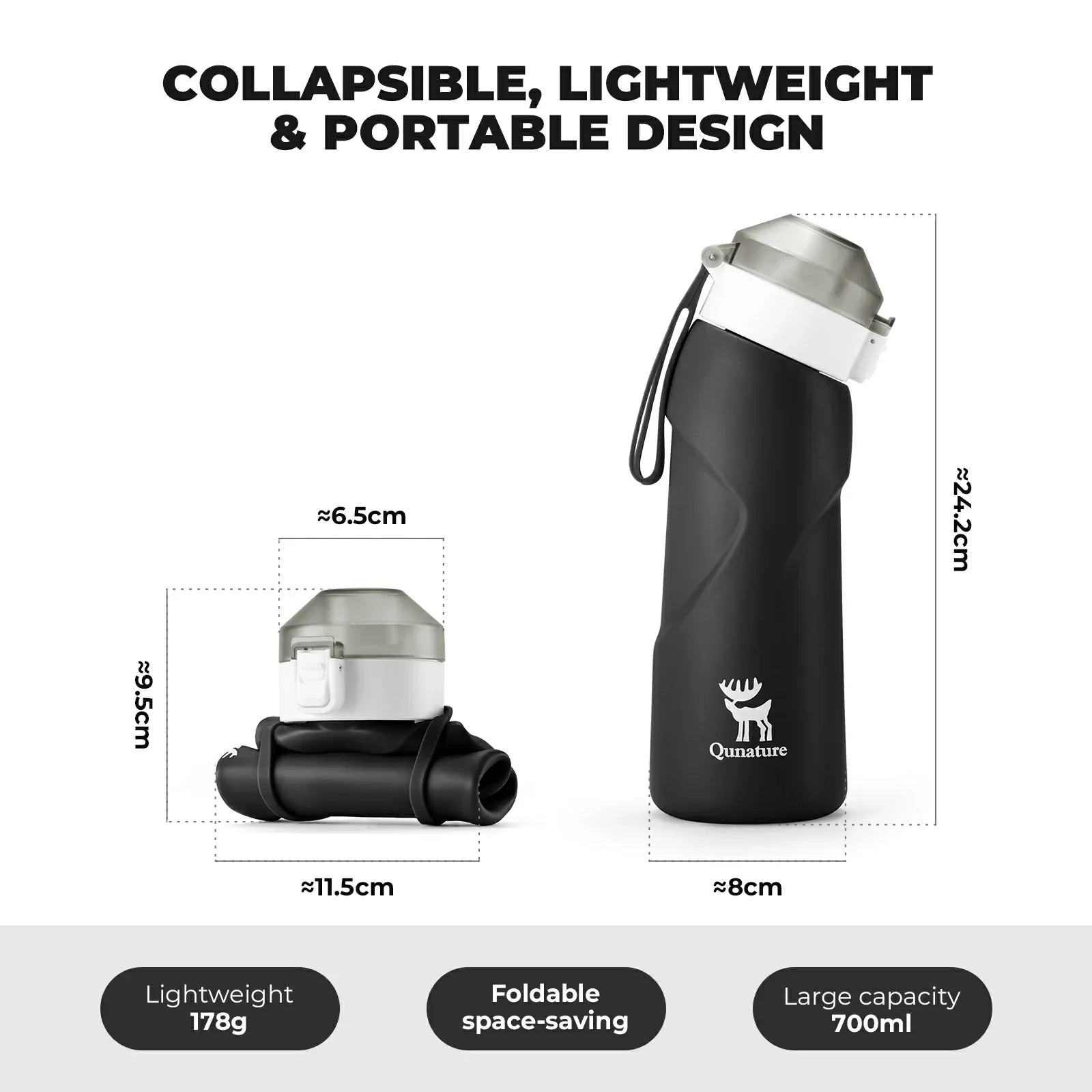 qunature 700 ml collapsible silicone water bottle #Color_Black