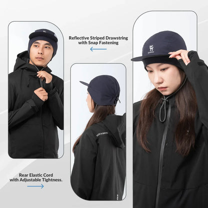 Black hooded jacket with reflective striped drawstring and adjustable features, worn by two models.