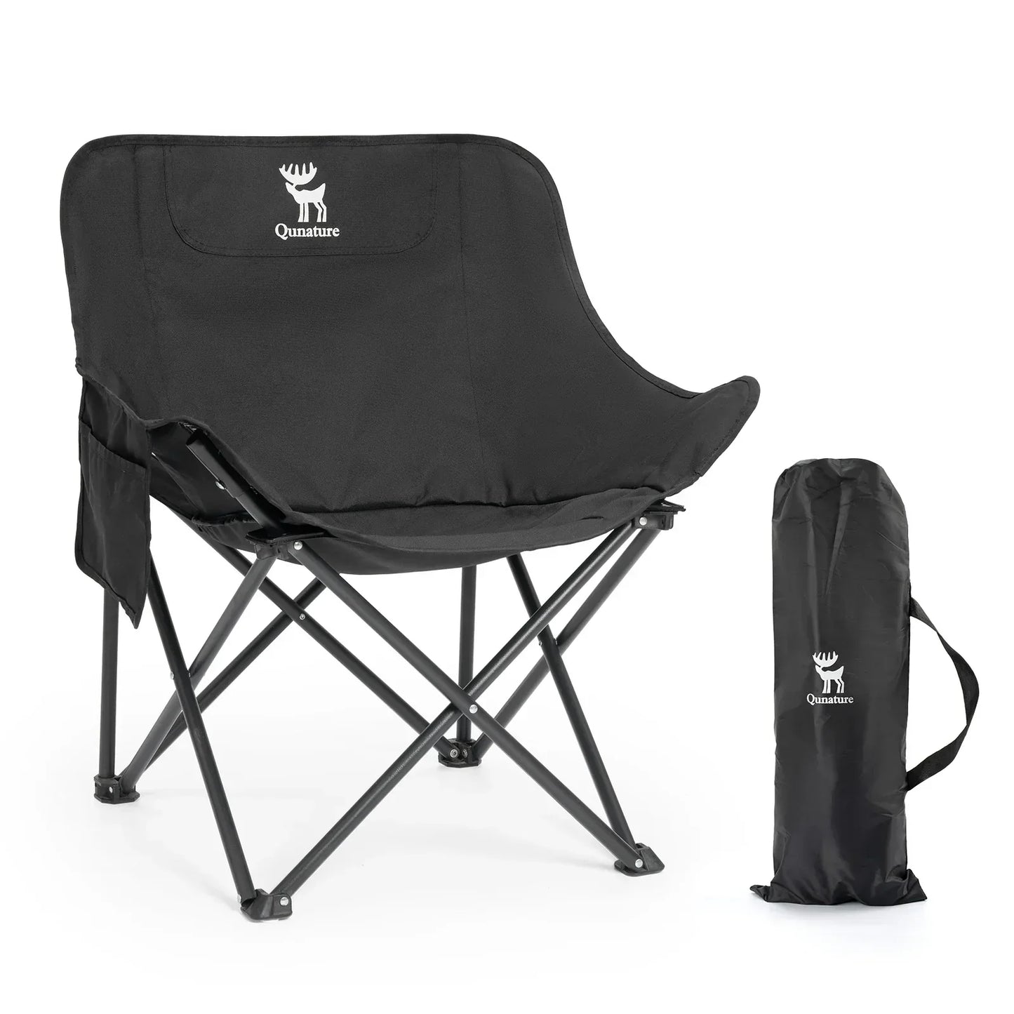 Black camping chair with carrying bag on a white background#color_black