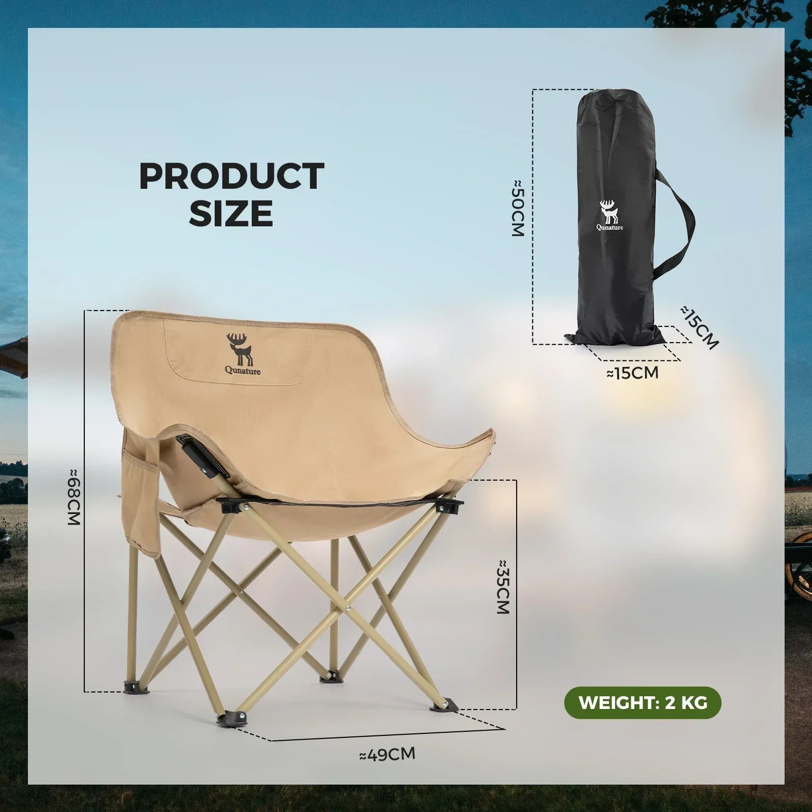 Beige folding chair with dimensions and carrying bag on a light blue background