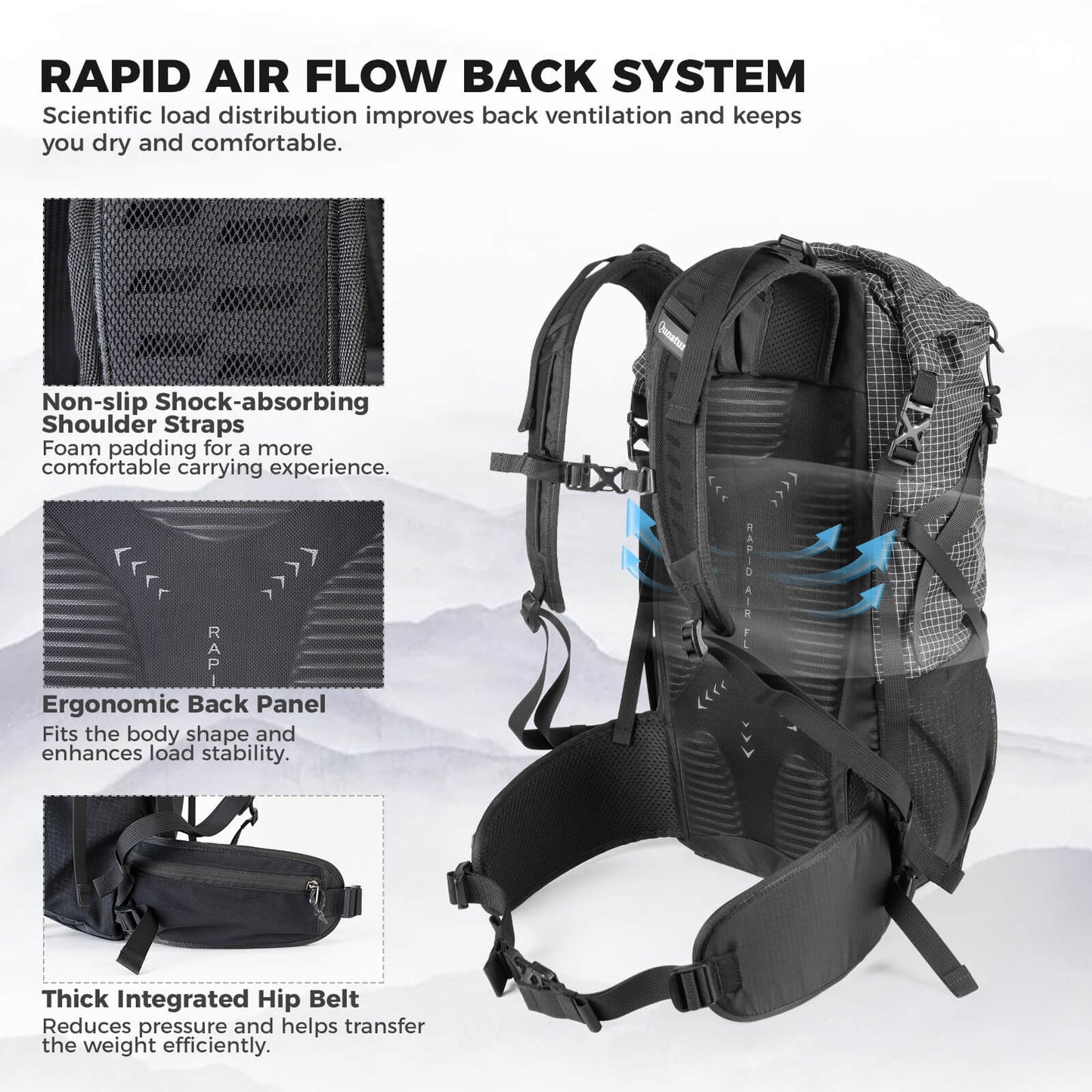 Qunature lightweight hiking backpack designed for outdoor adventures, offering comfort, durability, and practical storage options. 