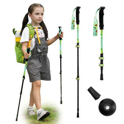 Child with hiking gear including a backpack, poles, and accessories on a white background#color_green