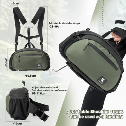 Green and black crossbody bag with adjustable straps and measurements on a white background